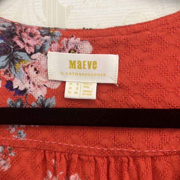 Maeve Anthropology Top Women’s Size US 2 Floral Orange Button Front Blouse - Picture 2 of 10